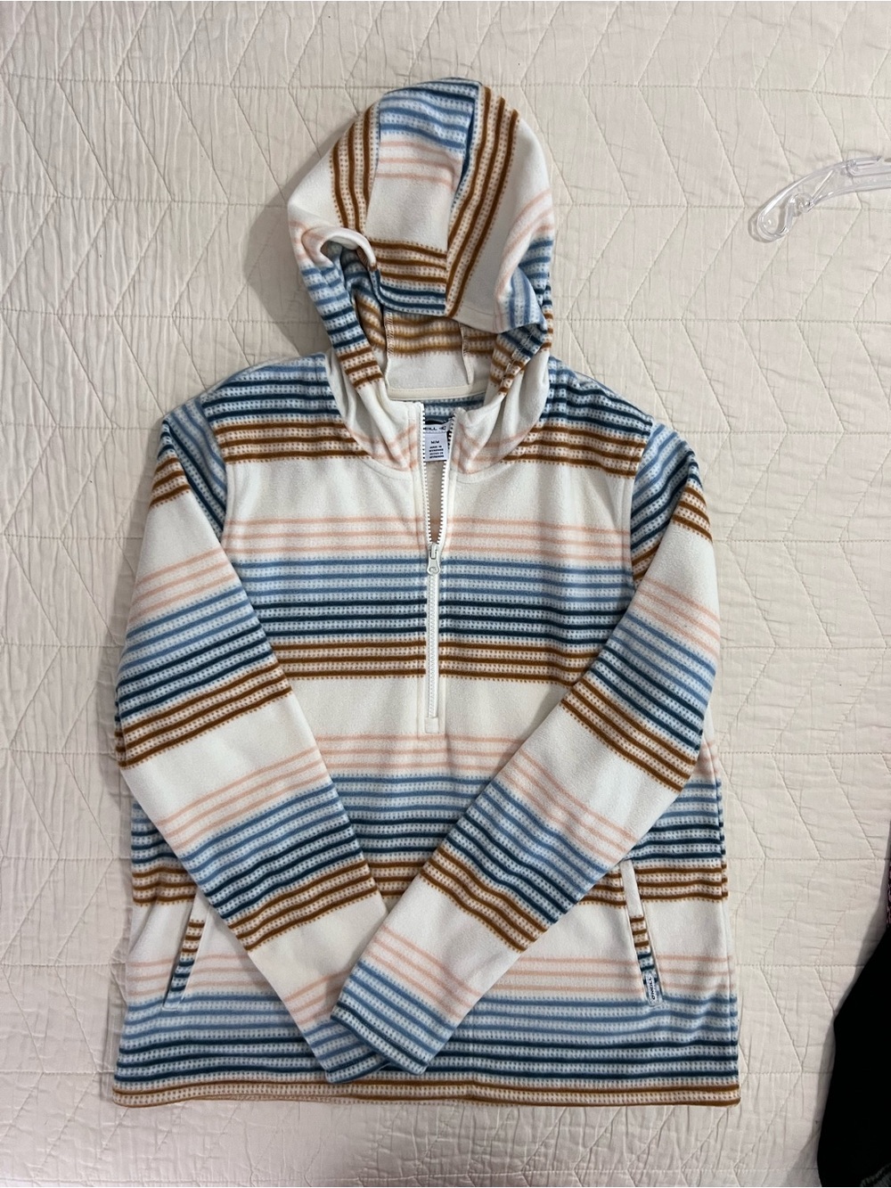 O'Neill Cream Hooded Half-Zip Sweater with Blue and Brown Stripes